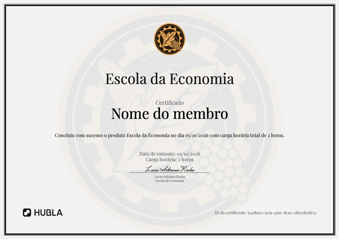Certificado de conclusão da Escola da Economia, com nome do aluno, data de emissão e assinatura de Lucas Sekiama Rocha