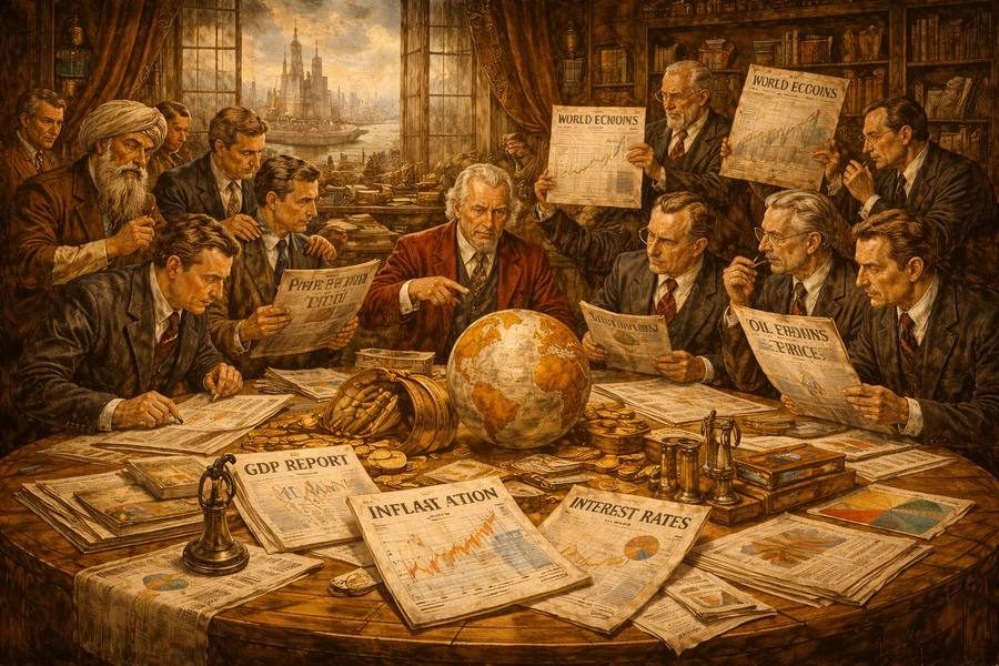 Pintura representando análise macroeconômica global