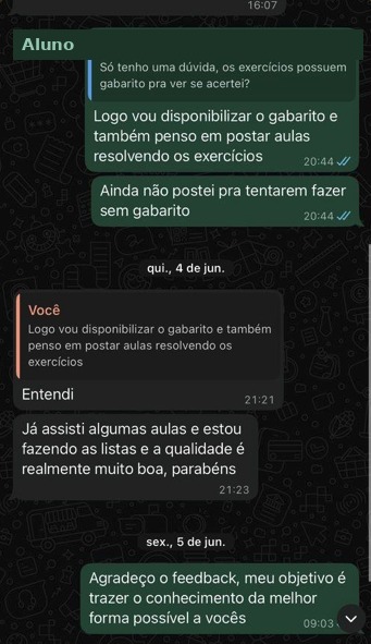 Print de conversa de WhatsApp com feedback de aluno sobre o curso