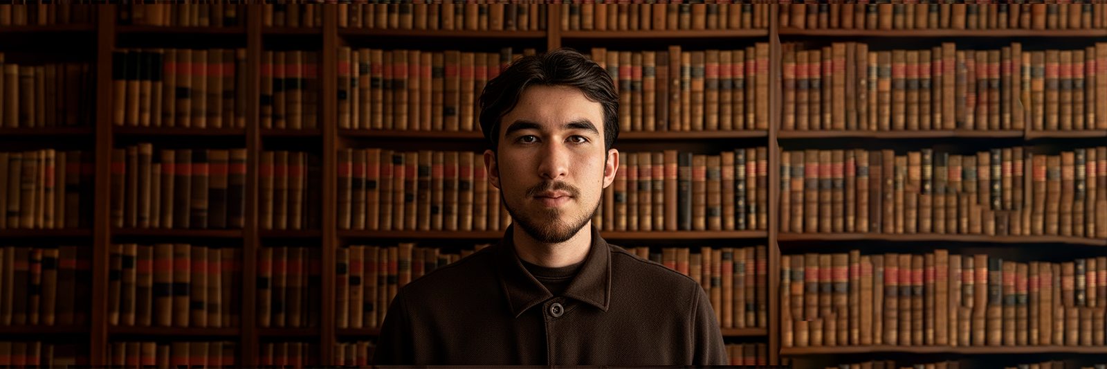 Lucas Sekiama, professor da Escola da Economia, em frente a uma estante de livros